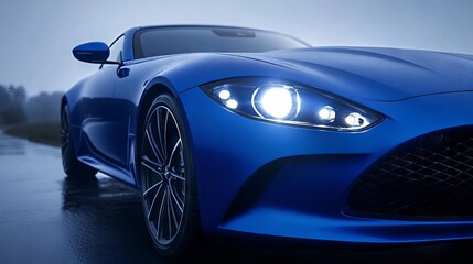 Sleek blue sports car with vibrant headlights shining on a rainy day.