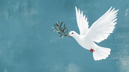 A white dove of peace soaring through the air with wings wide open, carrying an olive branch in its beak, set against a serene blue background with ample copy space