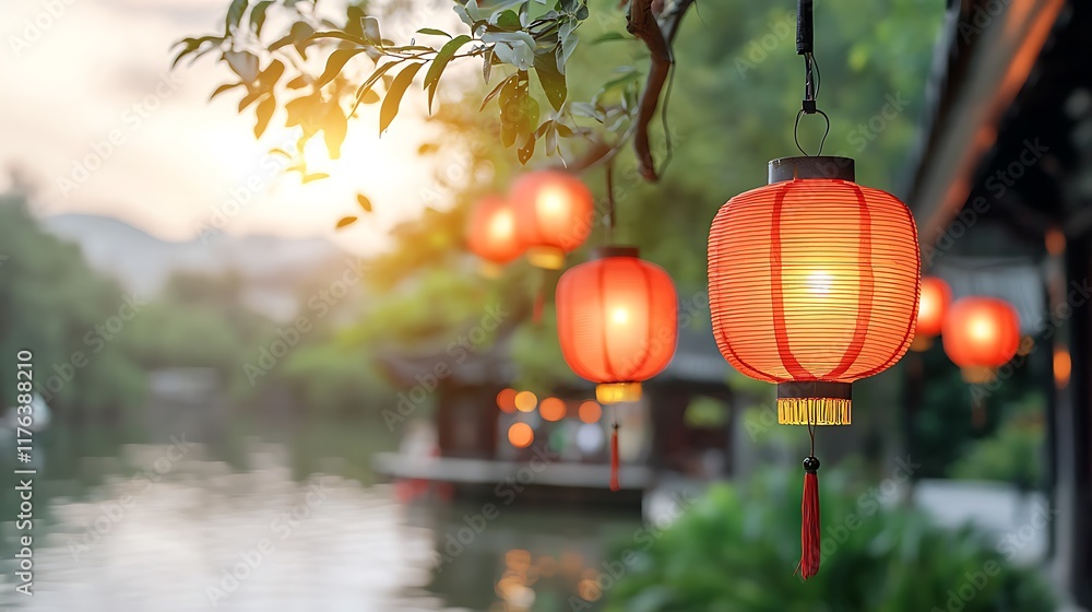 Poster glowing red lanterns strung across a tranquil riverside garden at night creating a serene and enchan