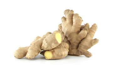 Fresh ginger root with slices isolated on white background