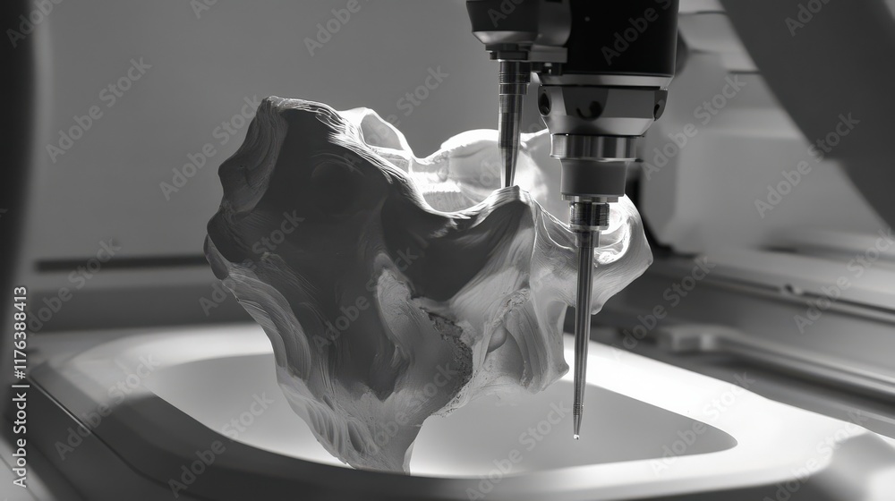 Poster advanced 3d printing technology showcasing a sculptural white object with precision tools in a moder