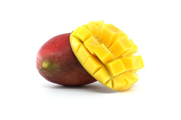 Ripe Mango Cut Open Showing Cubes with Whole Mango