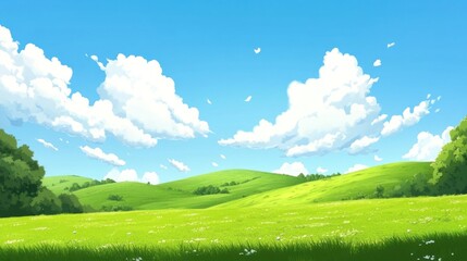 Obraz premium A wide view of green meadows and gently sloping hills under a vivid blue sky with scattered white clouds, ideal for a nature-inspired banner