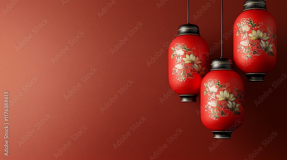 Aufkleber glowing red lanterns with intricate floral patterns and designs hanging in a traditional chinese cul