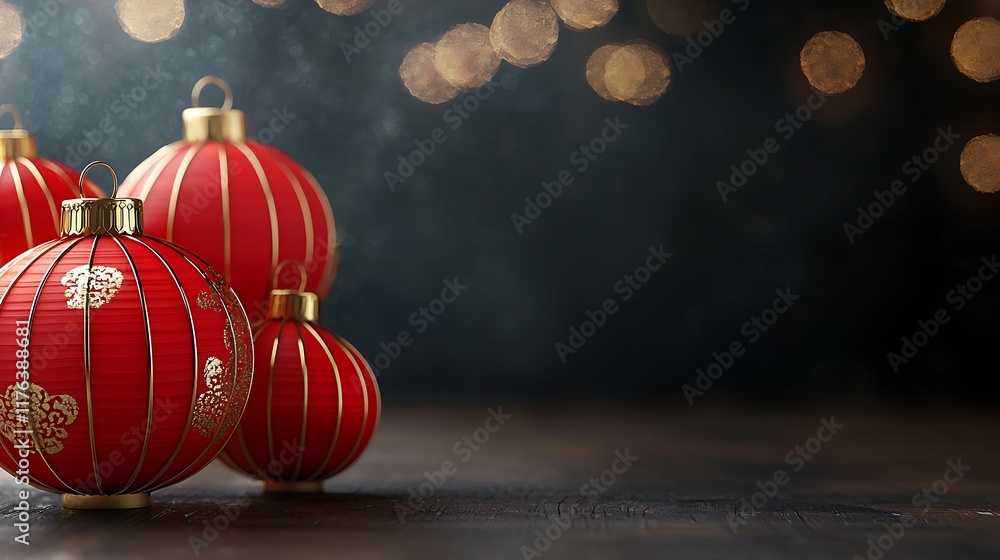 Poster glowing red lanterns with intricate golden trims and decorative text creating a warm festive and cul