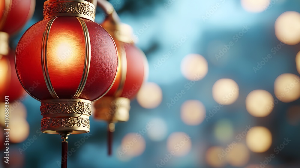 Aufkleber glowing red lanterns with ornate gold trims suspended in a vibrant atmospheric setting creating a fe