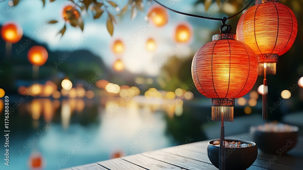 Aufkleber glowing red paper lanterns floating on a serene river casting a warm enchanting glow during a vibran