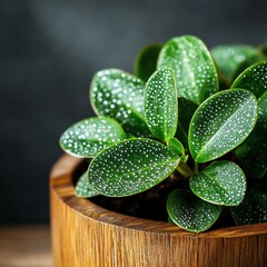 Close-up of vibrant green leaves in a wooden pot on a dark background, highlighting natural beauty.