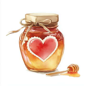 recommend clip art: A Honey Jar With Heart Label and Spiral Wooden Dipper For Valentine's Day. Clip Art, Watercolor Illustration. Isolated On White Background. 