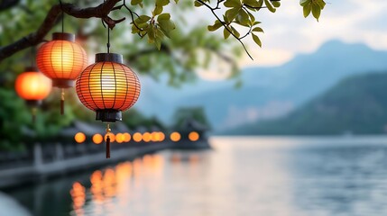 Fototapeta premium Glowing red paper lanterns lining a serene and tranquil lakeside promenade reflecting in the calm waters at dusk The scene evokes a peaceful atmospheric and traditional Asian aesthetic