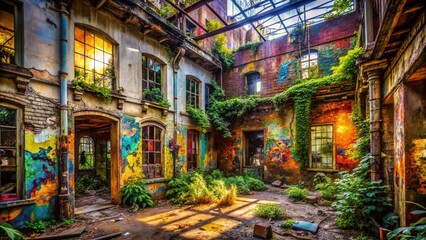 Fototapeta premium Urban Exploration: Colorful Graffiti Art on Abandoned Building Walls - Vivid Street Photography