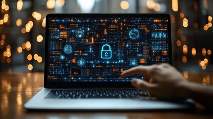 A hand interacts with a laptop displaying digital security graphics and data analysis.