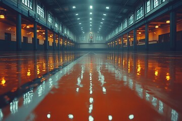 A spacious indoor gymnasium with polished floors reflecting warm lighting, ideal for sports and activities.