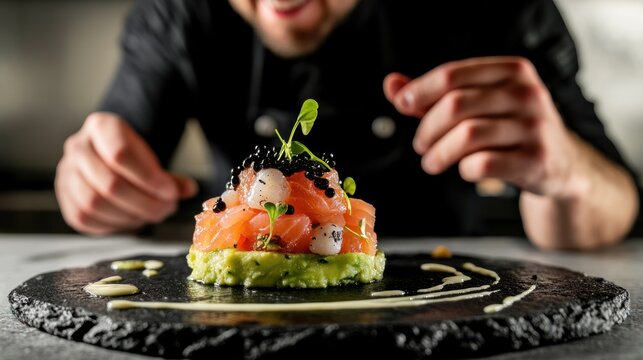 Salmon and shrimps tartare served with avocado, caviar and micro greens, on a ceramic plate, Seafood appetizer photo for premium restaurant menu, commercial banner with copy space, AI generated image