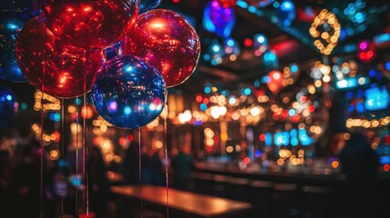Celebrate the festive new year vibrant party setup with balloons and decorations in a lively venue atmosphere