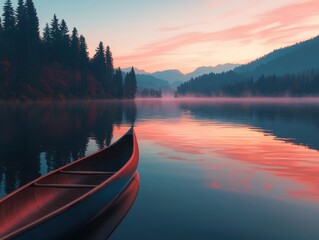 Obraz premium Tranquil Lake Reflection at Dawn with Canoe in Serene Landscape