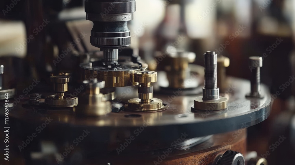 Poster close-up view of vintage mechanical components in a workshop setting showcasing the intricate detail