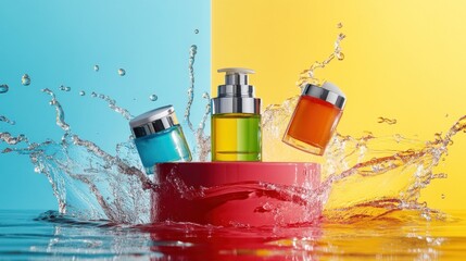 Brightly colored skincare products showcased dynamically, with water splashes creating an energetic and fresh look against a bold background
