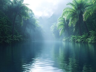 Fototapeta premium A serene river scene surrounded by lush greenery and misty atmosphere, evoking tranquility and nature's beauty.