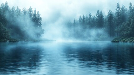 Fototapeta premium A serene lake surrounded by misty forests, creating a tranquil and atmospheric landscape.