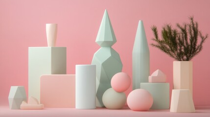 A composition of pastel geometric shapes and a plant against a pink backdrop.
