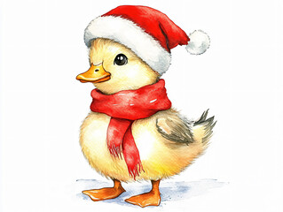 Watercolor illustrations festive little chick duckling Santa hat scarves Christmas decoration holiday card cheerful seasonal design clipart white background greeting invitation nursery room decor