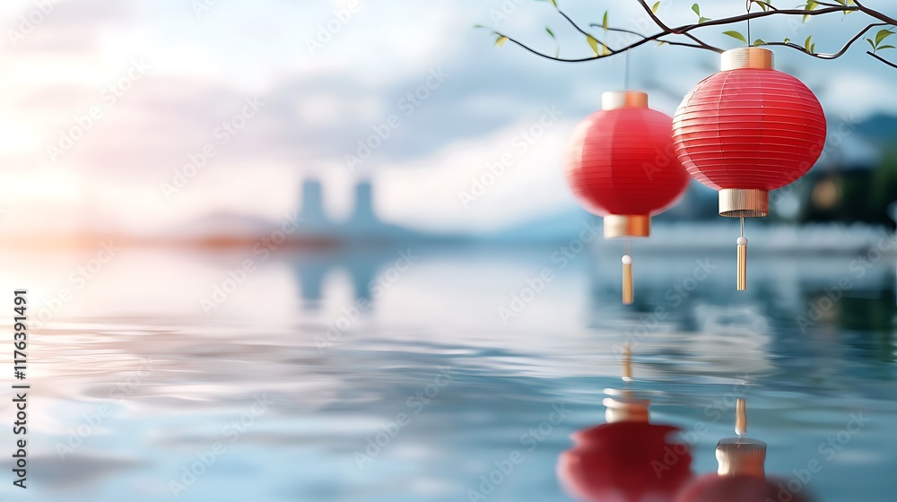 Poster red chinese lanterns floating in clusters above a serene reflective pond or lake at dusk with a scen