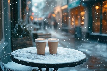 A cozy coffee shop terrace in the snow, with two paper cups of hot chocolate on an outdoor table
