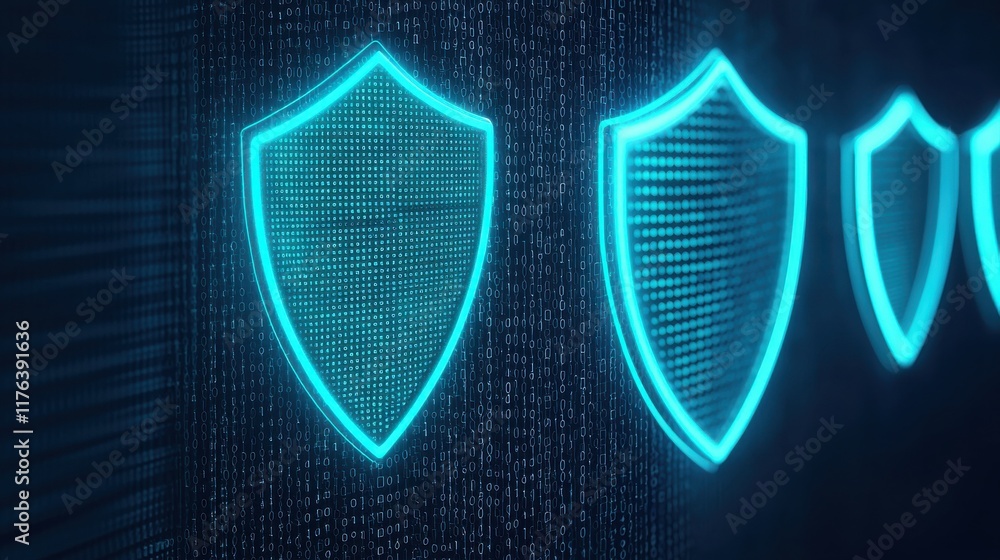 Poster digital shields glowing in blue, representing cybersecurity, protection, and data security in a high