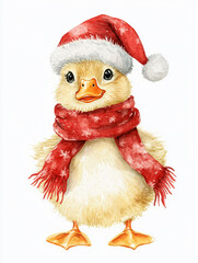 Watercolor illustrations festive little chick duckling Santa hat scarves Christmas decoration holiday card cheerful seasonal design clipart white background greeting invitation nursery room decor