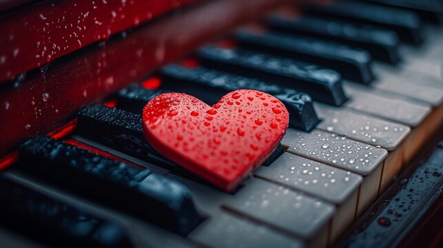 Red heart on rain-wet piano keys.