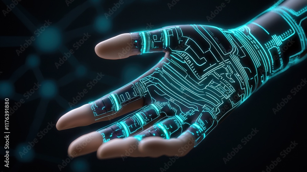 Poster a futuristic hand with glowing circuitry design, representing advanced technology and human-computer