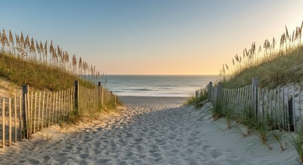Sandy path leading to tranquil beach at sunrise, flanked by dunes and sea oats