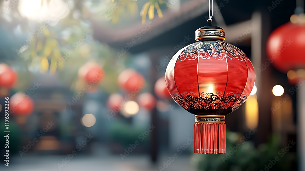 Poster rows of glowing red chinese lanterns with intricate ornate designs hanging for a festive or event th