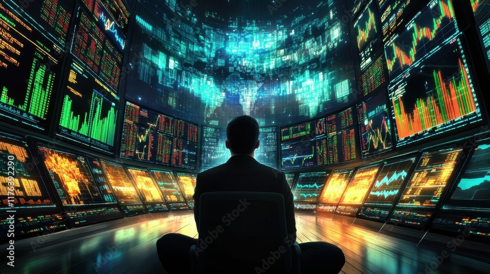 Poster data analysis session trading floor digital visualization high-tech environment aerial view market i