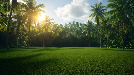 Fototapeta premium Lush Green Landscape of Paradise Island with Palm Trees and Vibrant Natural Beauty Under Sunlight