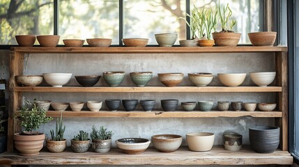 Rustic wooden shelf displaying various handmade ceramic bowls and potted plants.