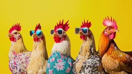 Fototapeta premium Chickens in fashionable attire with bold colors and patterns, isolated on a bright solid background, perfect for fun and playful designs