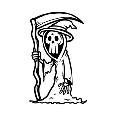 fun grim reaper with sickle scythe cartoon character isolated drawing line art style sketch classic vintage design illustration