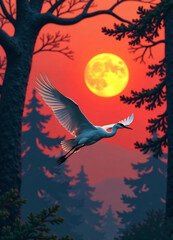 Red sun, white crane flying in the forest new image