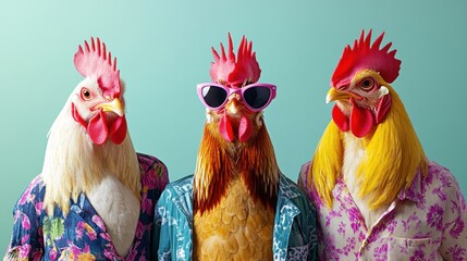 Fototapeta premium Chickens in trendy and colorful clothing, set against a solid pastel background, creating a humorous and artistic visual for marketing
