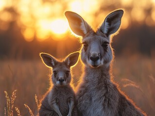 Fototapeta premium Two kangaroos, an adult and a joey, pose together against a sunset backdrop in a grassy field.