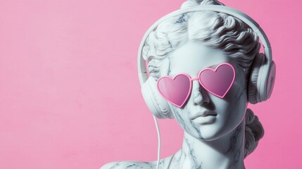 Classical marble figure styled with pink heart sunglasses and modern headphones, merging antiquity and pop culture for eye-catching marketing visuals