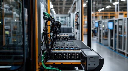 Modern Industrial Setting with Server Rack and Network Cables Inside High-Tech Data Center for Computing and Storage Solutions