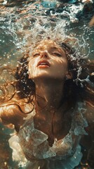 A woman with long brown hair submerged in water. Her eyes are closed, her expression serene. The water creates a soft halo around her head, a ethereal and dreamy look.