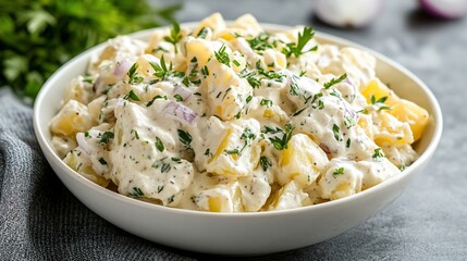 Creamy potato salad in a white bowl, garnished with parsley and red onion.