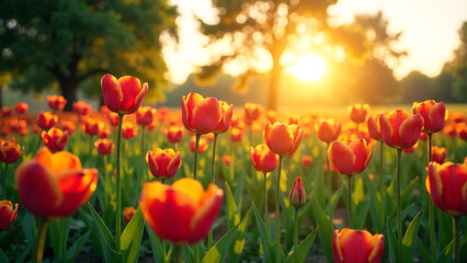 Fototapeta premium un bello atardecer en un campo hermoso de flores coloridas en el campo crecimiento de flores al aire libre new image