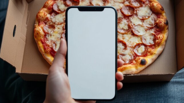 Person holding smartphone with blank screen above pizza in cardboard box, concept of online food ordering and delivery, artificial intelligence-generated visual