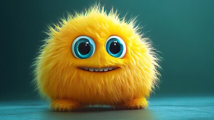 Fototapeta premium Cute yellow little monster, a furry texture, blue background, lovely style, 3d rendering