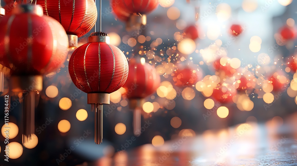 Poster rows of vibrant red lanterns glowing and illuminating a festive and atmospheric background represent